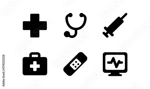 Minimalist medical icons set featuring healthcare tools and symbols