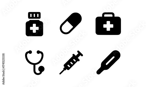 Flat medical icons: stethoscope, thermometer, medicine bottle, syringe, first aid kit, capsule