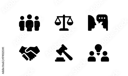 Business and legal icons: teamwork, communication, justice, agreement, decision-making