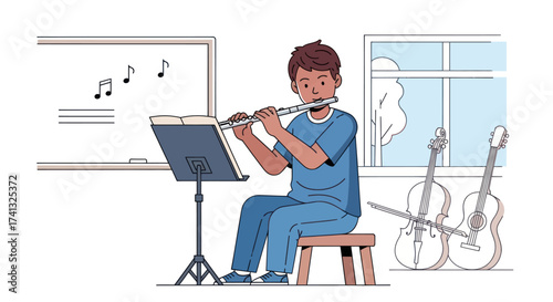 Young boy playing a flute in a music lesson with guitars nearby.