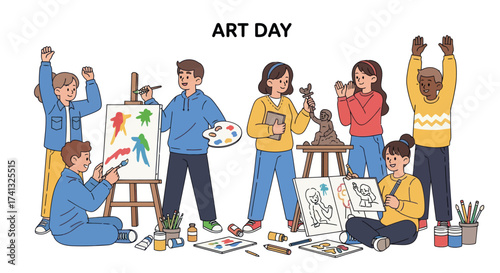 Diverse Group of Young Artists Celebrating Art Day with Creative Activities.