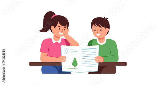 Two Smiling Students Reading a Book Together at a Desk.