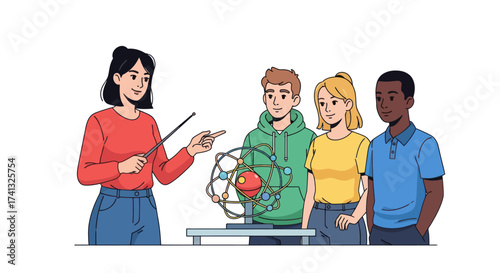 Teacher Explaining Scientific Model to Diverse Students in Classroom Setting.