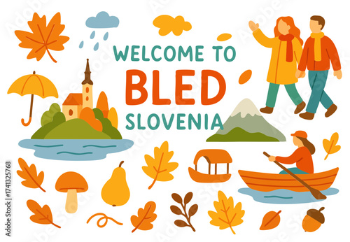 Flat Design Autumn Lake Bled Slovenia Travel Icon Set