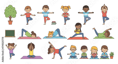 Diverse Group of Children Practicing Yoga Poses Promoting Wellness and Flexibility.