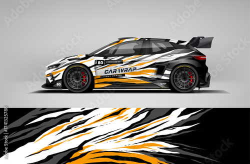Editable vector EPS car wrap featuring orange, white, and black brush stroke claw graphics. Aggressive modern racing livery design for motorsport and drift cars.