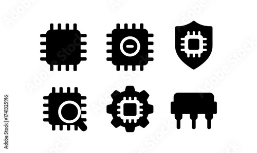 Set of six black silhouette microchip icons for technology and security design
