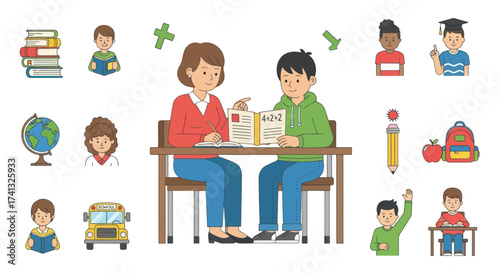 Tutor and Student Studying Together at a Wooden Desk Educational Scene.