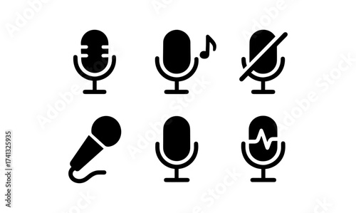 Microphone icon set: music, recording, podcast, mute, sound wave symbols in black