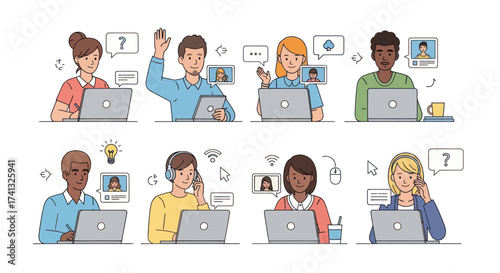 Collection of diverse illustrated people in a video conference working remotely on laptops.