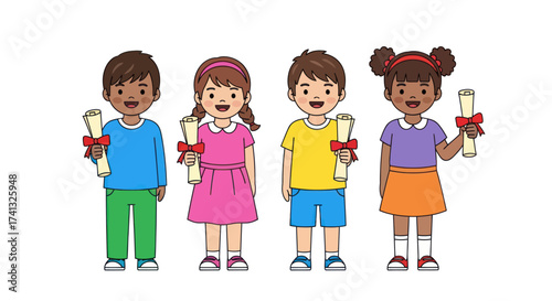 Diverse Cartoon Children Holding Diplomas Celebrating Graduation.