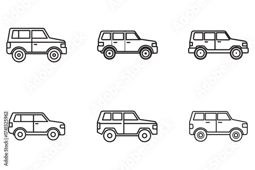 Outline SUV vehicle icons representing car models and transportation concept with simplistic design for use in infographics and web design projects