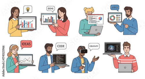 Diverse group of people presenting data code and technology concepts.