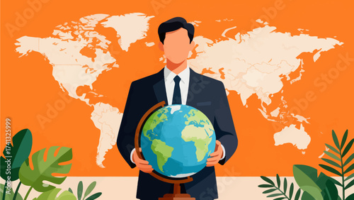 Man holding globe with world map background