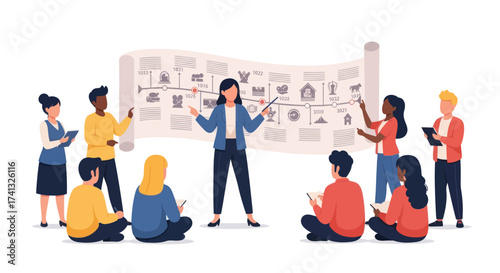 Diverse group of students attentively listening to a teacher presenting a detailed timeline on a large board.