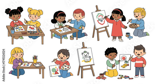 Diverse Children Engaged in Creative Art Activities with Paints and Easels.