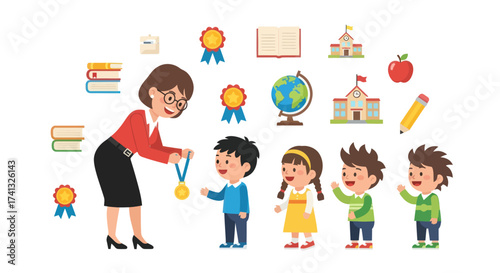 Teacher awarding a medal to a student in a classroom setting with educational icons.