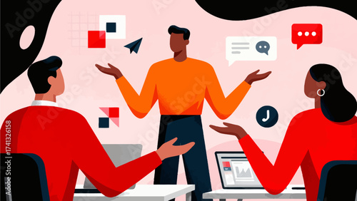 Three people in a meeting with digital icons