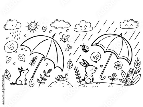 A vibrant vector illustration set of colorful umbrellas forming a seamless pattern against a rainy sky background, symbolizing autumn protection