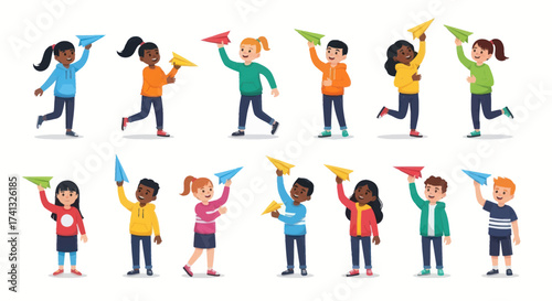 Diverse Group of Children Playing with Paper Airplanes Joyful and Energetic.