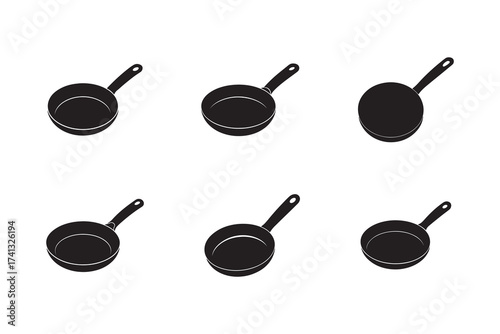 Seamless Pattern of Black Fry Pans on White Background Kitchen Utensil Culinary Theme Cooking Equipment Minimalist Design Vector Illustration