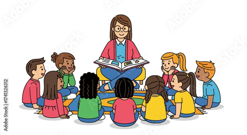 Teacher Reading Storybook to Diverse Group of Attentive Children.