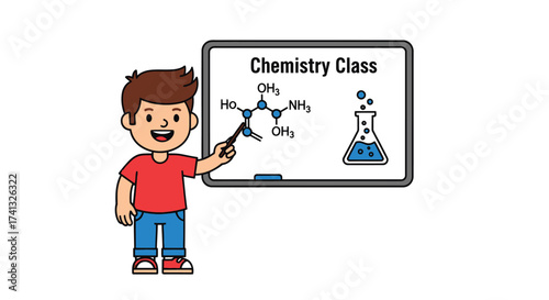 A young cartoon boy in a red shirt teaching a chemistry class pointing to a molecule on a whiteboard.