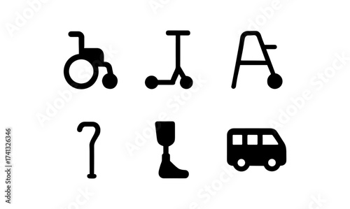 Accessibility icons set featuring mobility devices in simple silhouette style
