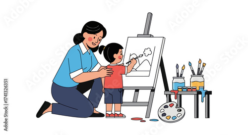 Mother and Child Painting Together on Easel Creative Art Activity.