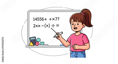 Smiling Young Female Teacher Explaining Math Problem on Whiteboard.
