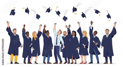 Diverse group of graduates in caps and gowns celebrating by throwing graduation caps in the air.