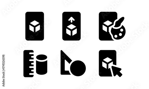 3d design icons set: tools for modeling, editing, and rendering in silhouette style