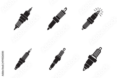 Set of Black and White Spark Plug Icons Depicting Automotive Engine Ignition Technology and Maintenance Needs