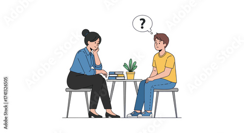A man with a question mark talks to a female counselor during a mental health consultation.