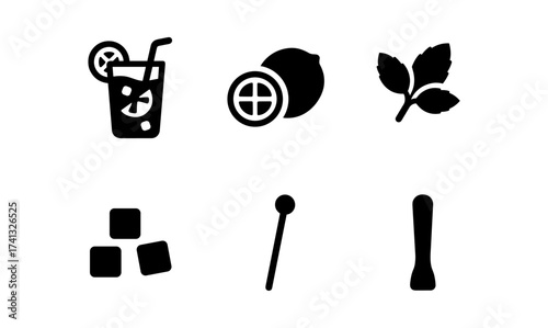 Cocktail icons: lemon, ice, mint leaves, and mixology tools in black silhouette style