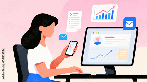 Woman using phone and computer at desk