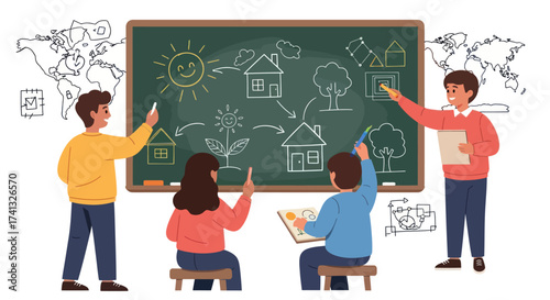 Children and teacher drawing on a green chalkboard during an interactive school lesson.