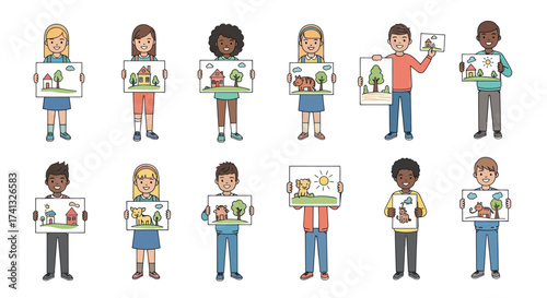 Diverse group of children proudly displaying their colorful drawings of nature scenes.