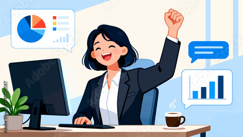 Happy businesswoman celebrating at desk