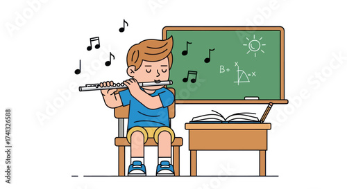 Young boy playing flute in a music lesson illustration.