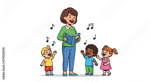Cartoon illustration of a female teacher singing with a diverse group of young children.