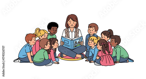 Teacher Reading a Book to Group of Children in Circle.