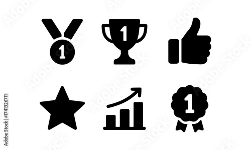 Achievement icons set featuring medal, trophy, and thumbs up in black