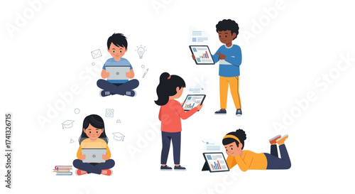 Diverse Group of Children Using Tablets for Education and Entertainment.