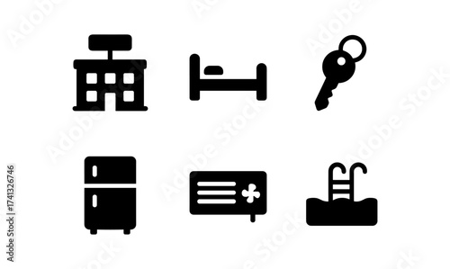Essential hotel icons: accommodation, amenities, and services in flat style