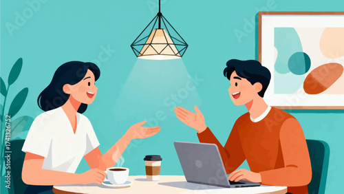 Two people having conversation at table with laptop