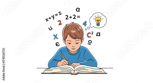 Focused young boy studying math problems with floating equations and a bright idea.