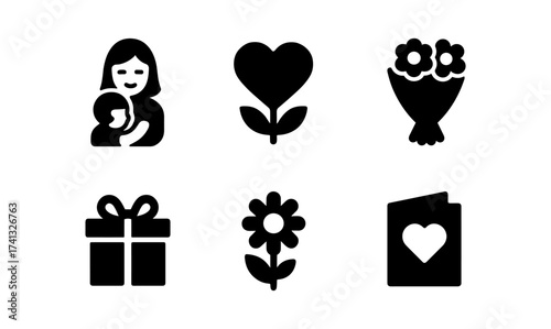 Mother's day icons: heart, flowers, and gift in minimalistic black silhouette style