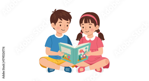 Two young children a boy and a girl sitting together and reading a colorful book.