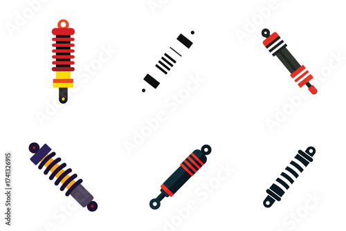 Set of Car Shock Absorbers in Various Designs Depicting Automotive Suspension Technology and Vehicle Component Variability